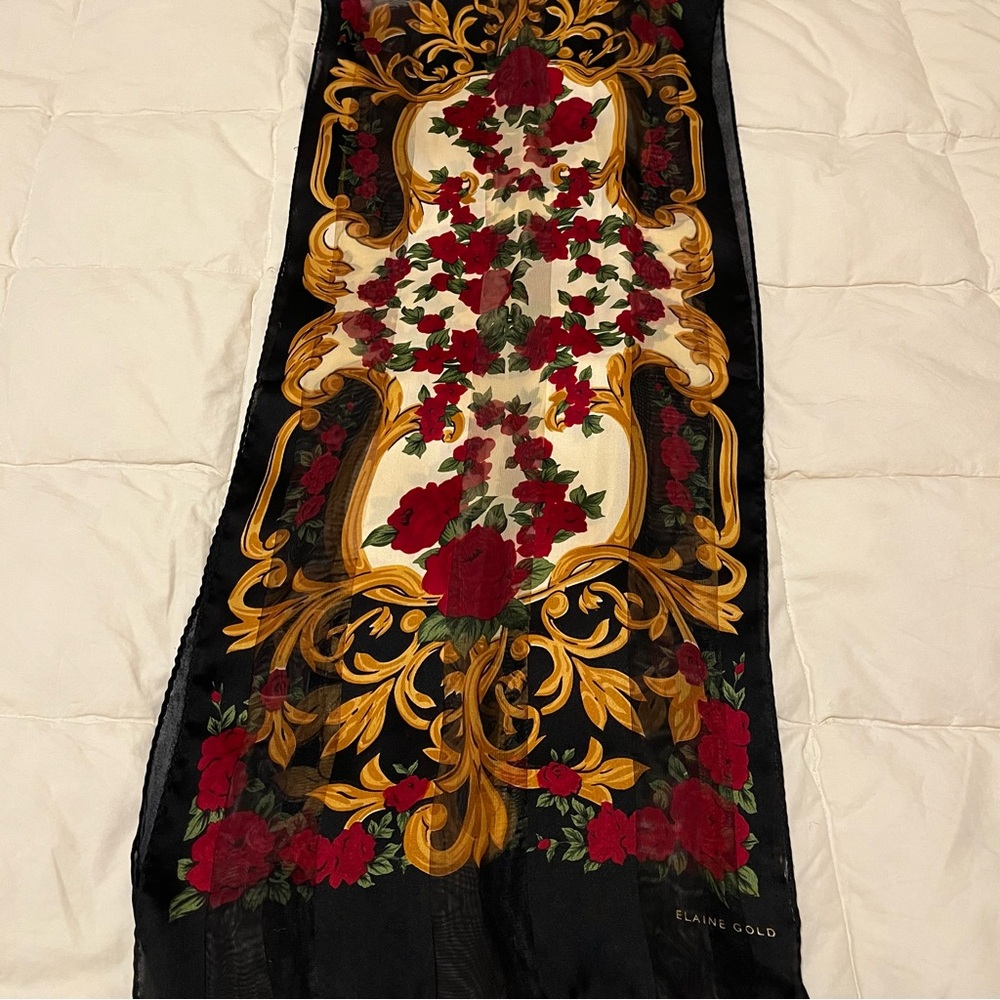 Vintage 90s Elaine Gold Illusion Stripe Long Scarf Satin Chiffon Red Rose Print